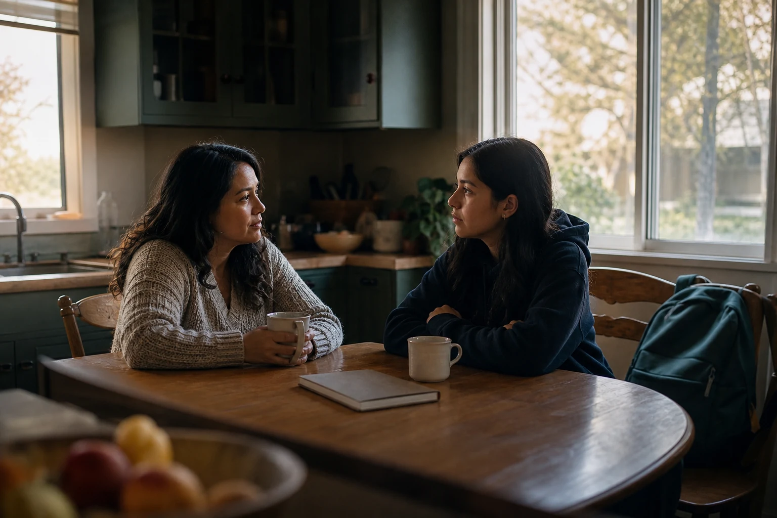 A mother and her teenage daughter sit quietly across a kitchen table, with a notebook and two mugs between them.