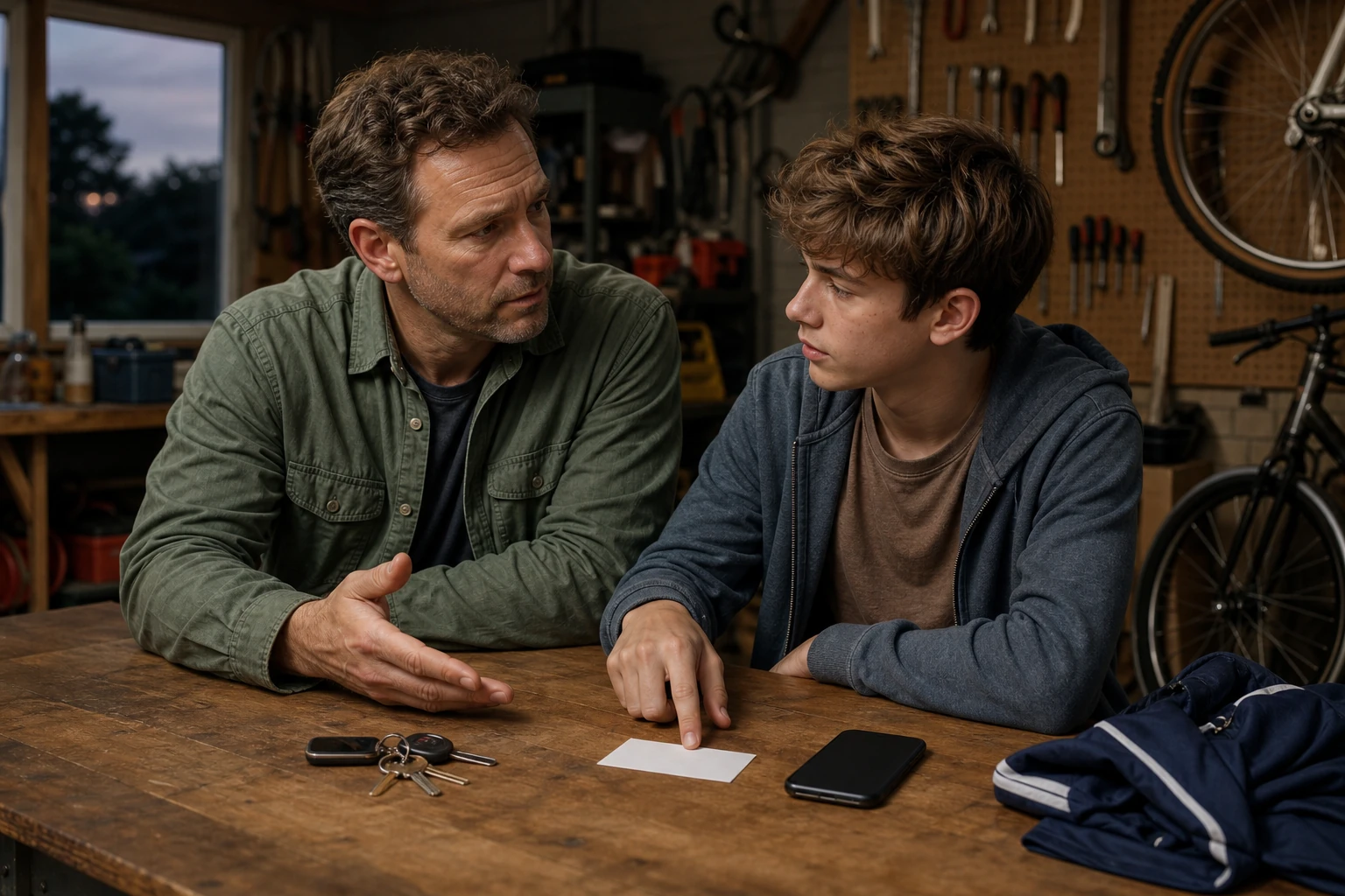 A father listens while his teenage son points to a blank note beside a phone and car keys at a garage workbench.