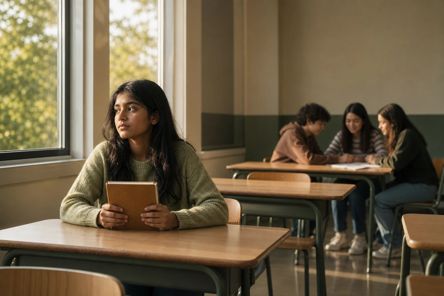 A teenage girl sits alone at a classroom desk while three classmates work together in the background.