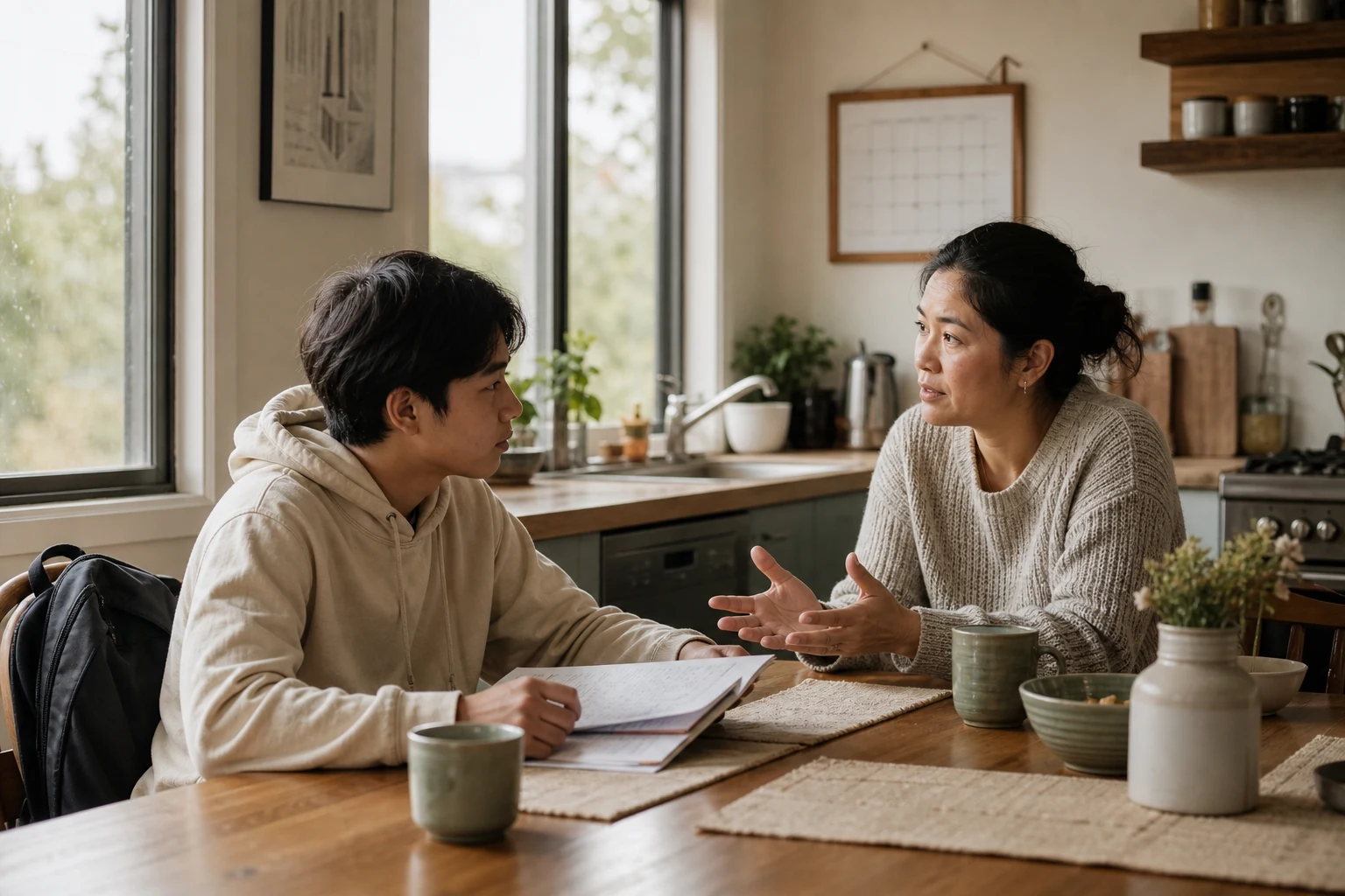 A mother listens with open hands while her teenage son holds a school notebook at a kitchen table.