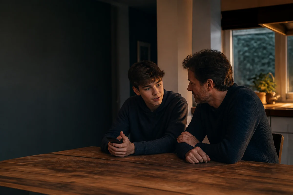 A parent calmly listening while a teenager practises a small social next step at home.