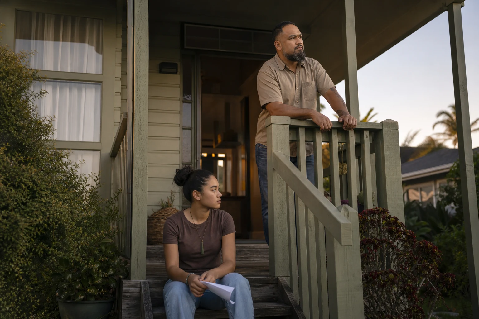 A Polynesian father pauses at a front-porch railing while his teenage daughter sits below holding a folded school paper.