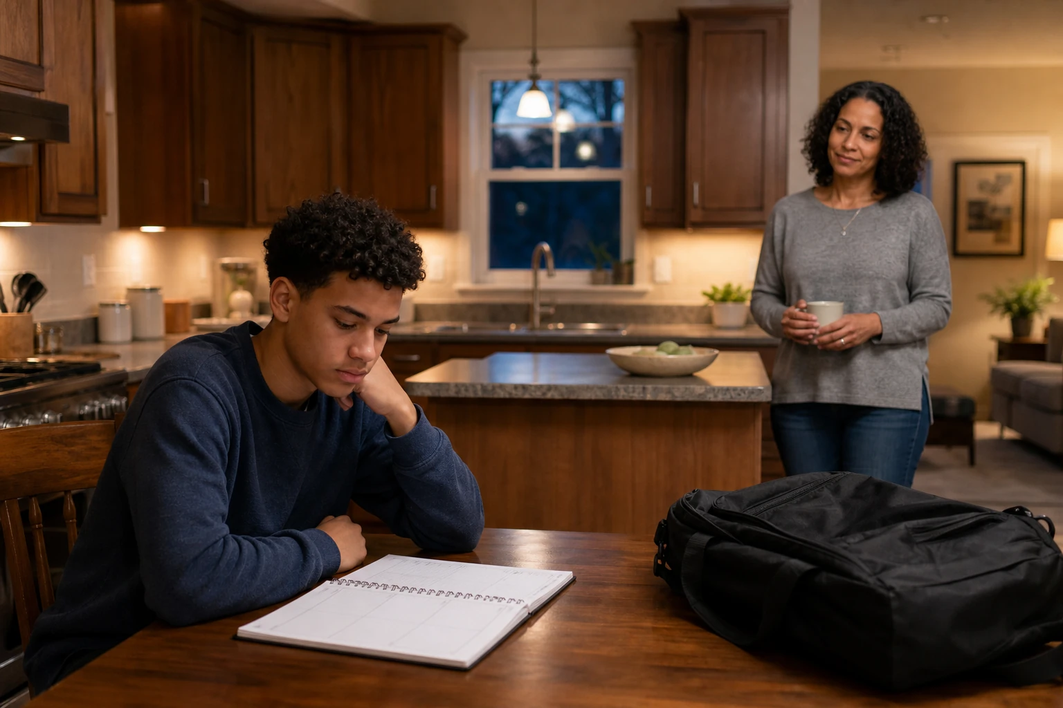 A teenage boy sits thoughtfully beside an open planner and sports bag while his mother gives him calm space in their kitchen.