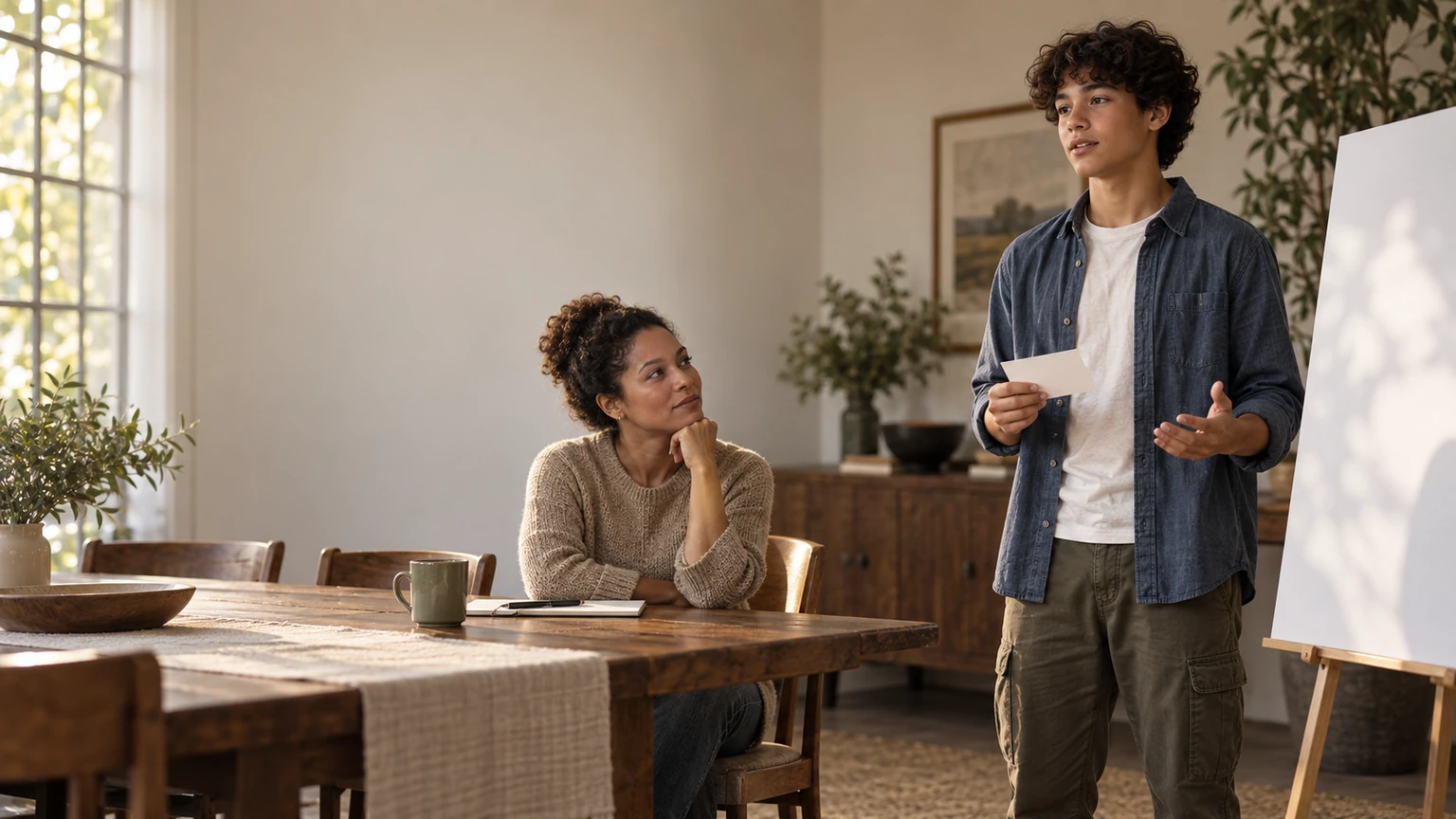 A teenager practises a presentation at home while a parent listens as a quiet audience member.