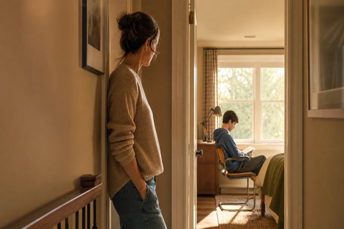 A mother pauses outside her teenage son's room while he reads quietly alone near a sunlit window.