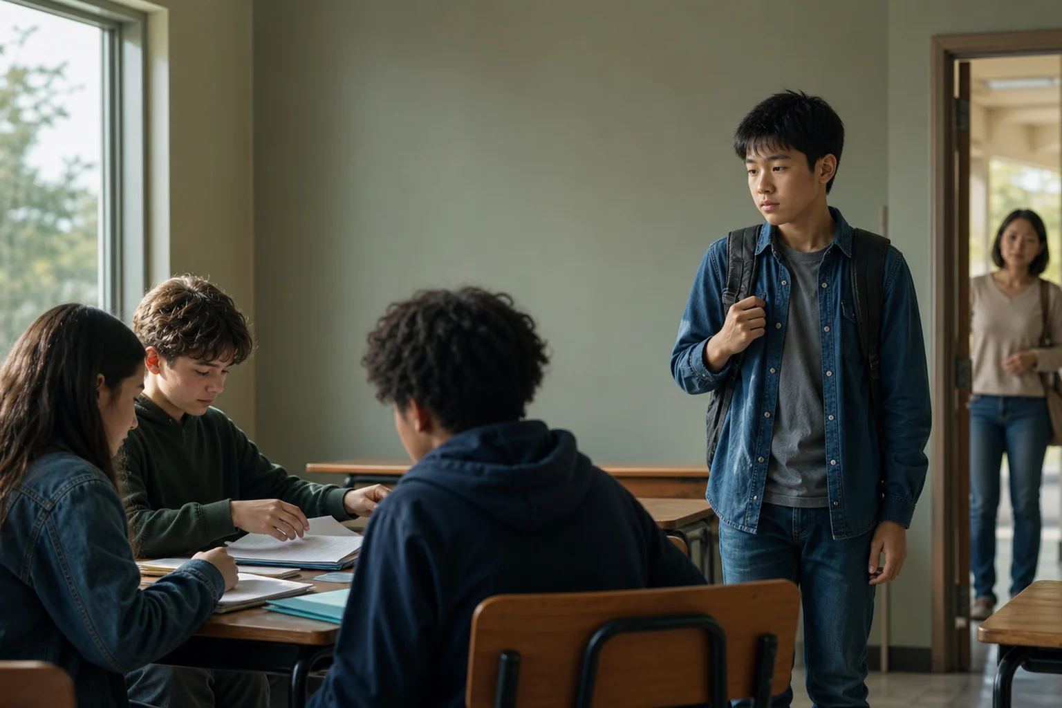 A quiet teenage boy pauses beside a classroom group while his mother waits discreetly in the doorway.