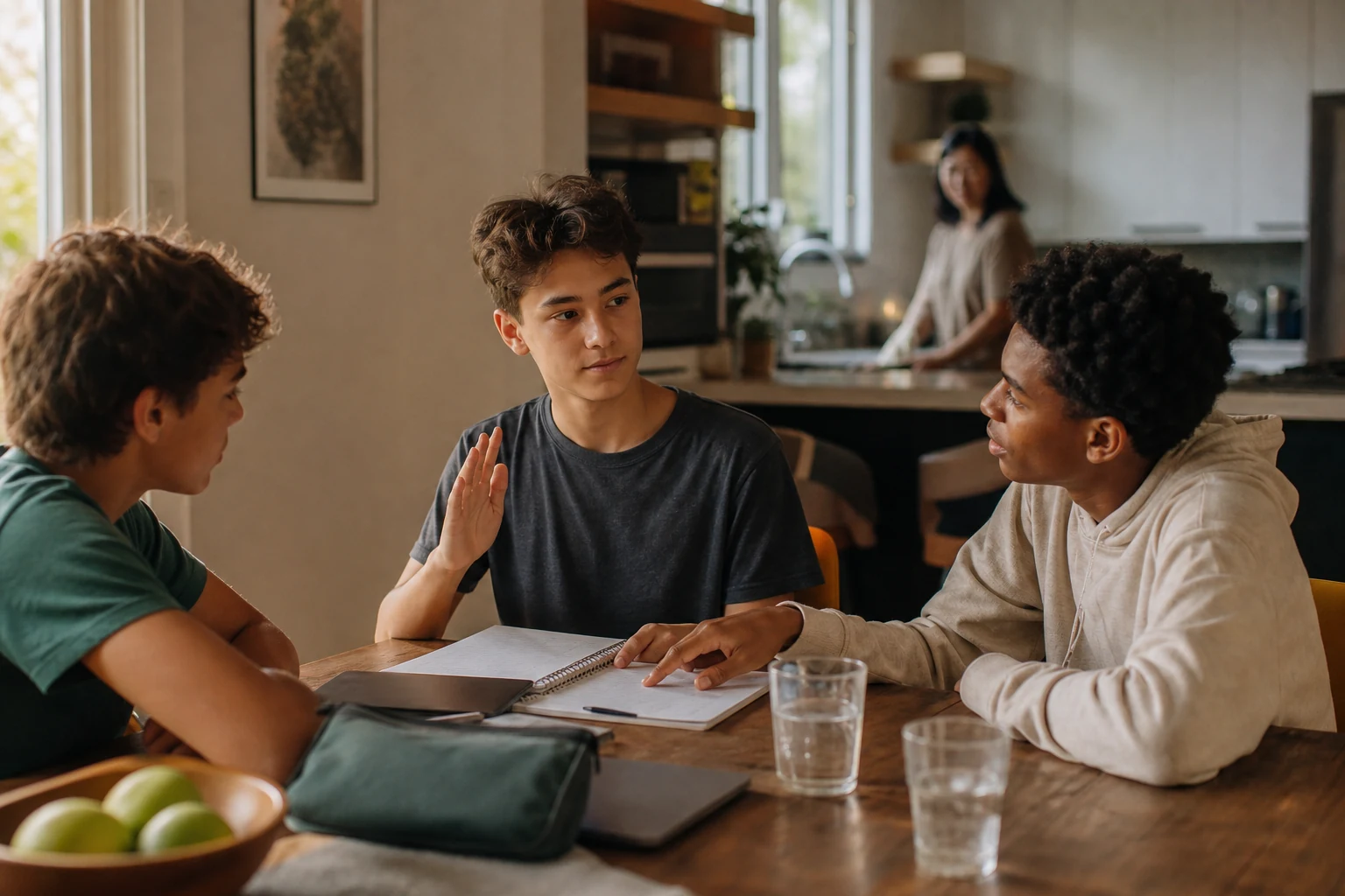 A thoughtful teenager raises a hand to share a preference while two friends listen at a kitchen table and a parent stays discreetly in the background.