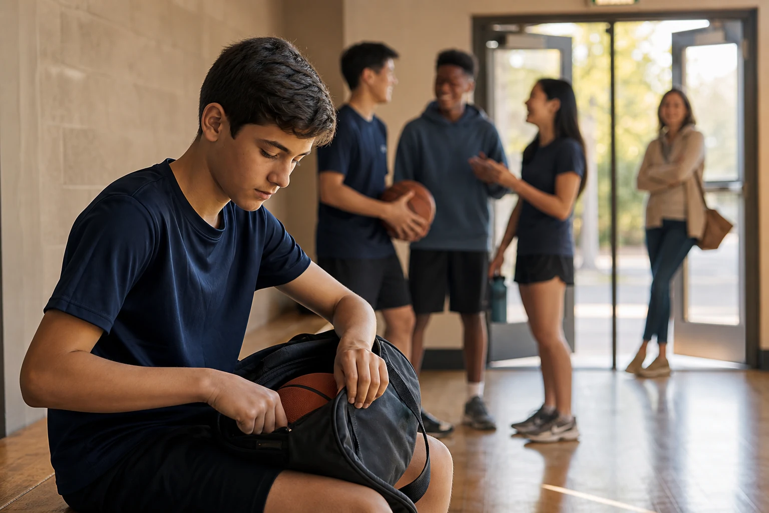 A quiet teenage athlete packs a sports bag alone while teammates chat nearby and a parent waits discreetly by the gym door.