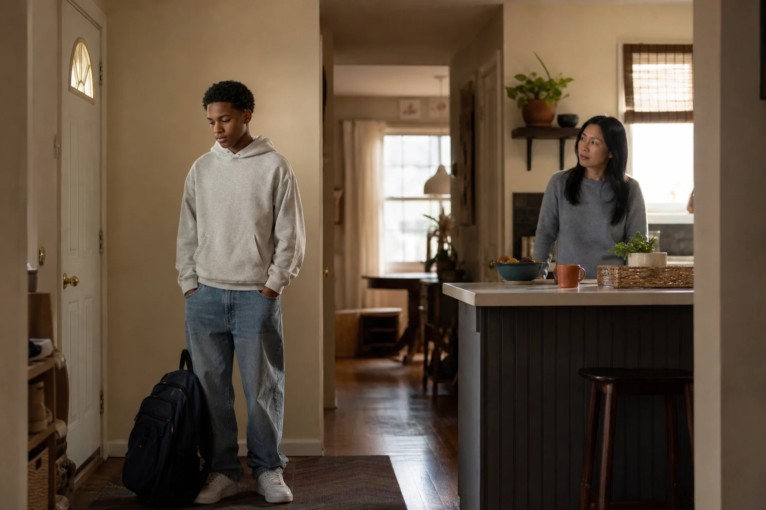 A mother watches from the kitchen as her teenage son pauses beside his backpack near the front door.