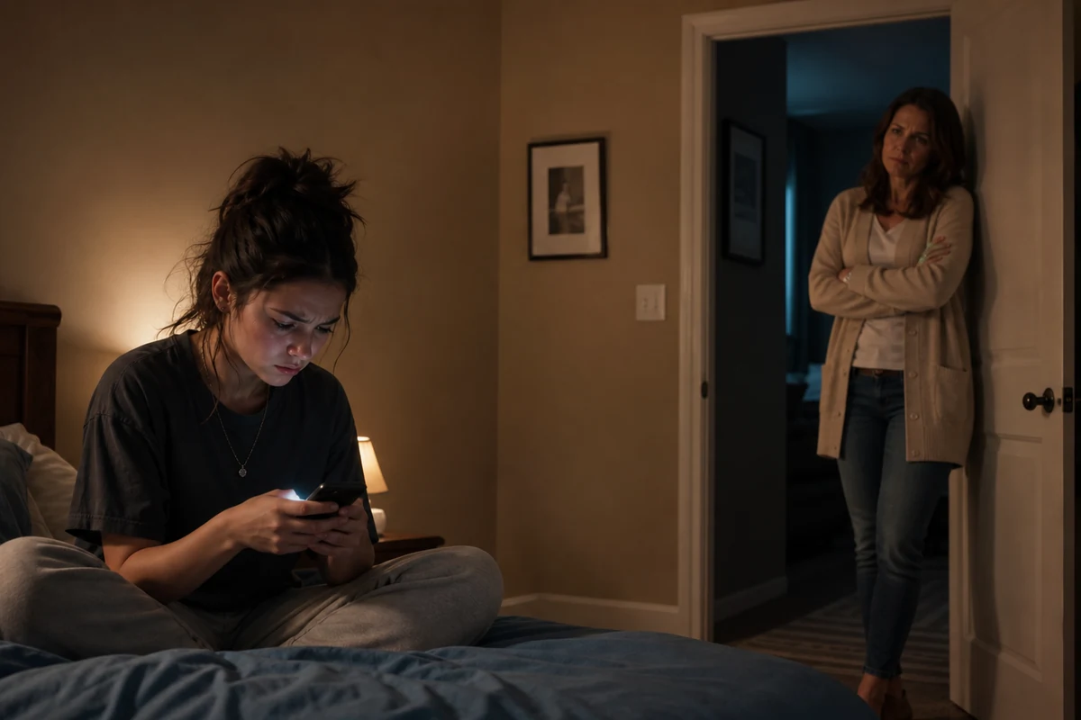 A concerned mother waits in a bedroom doorway while her teenage daughter types an angry message on her phone.