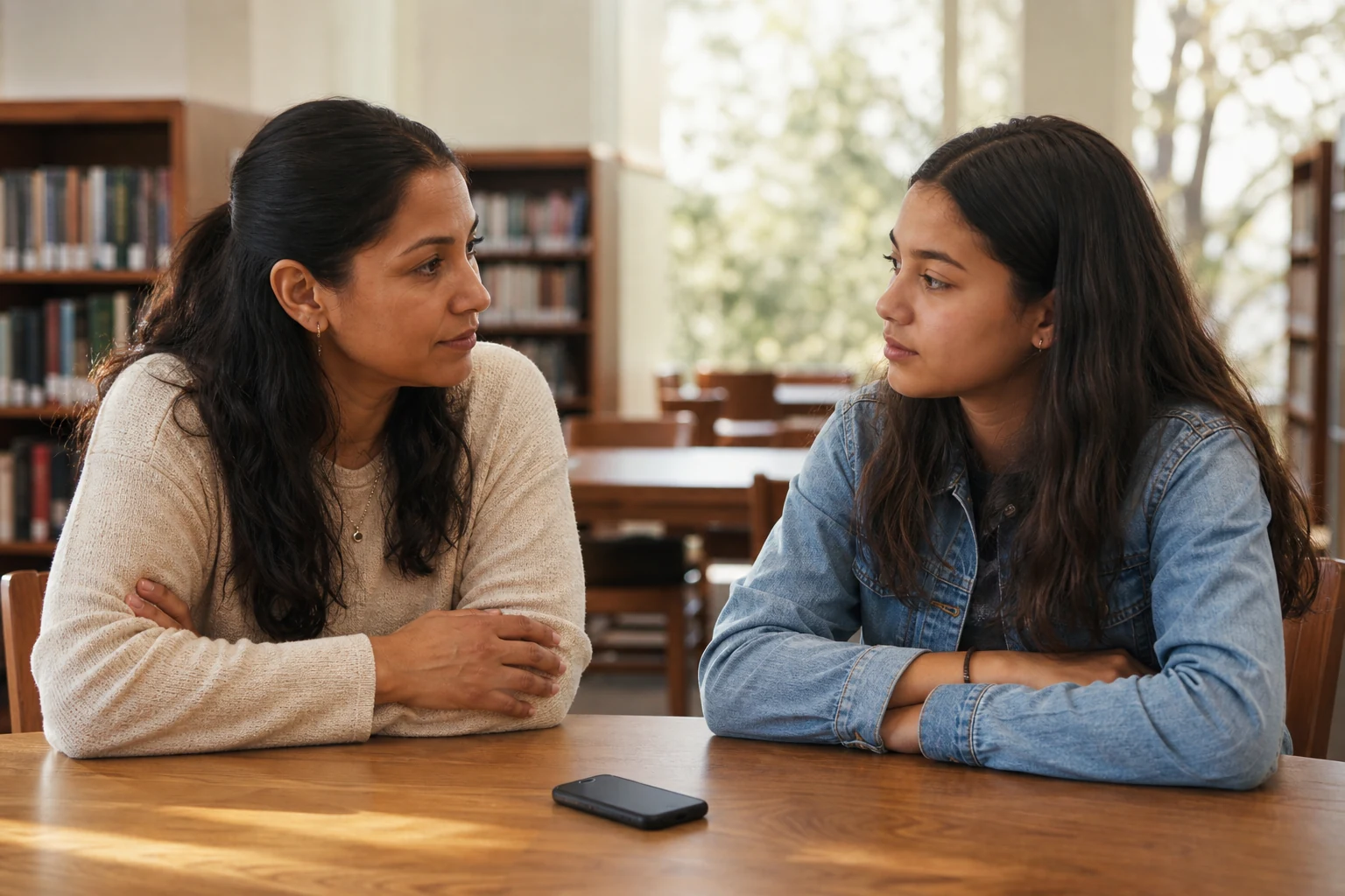 A parent and teenage daughter sit side by side at a public library table with a phone placed between them.
