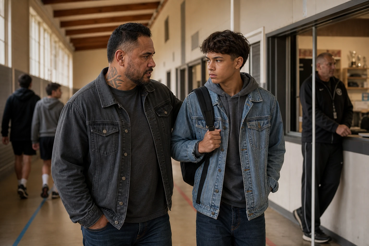 A father talks calmly with his teenage son in a school sports-hall corridor while an adult coach remains visible nearby.