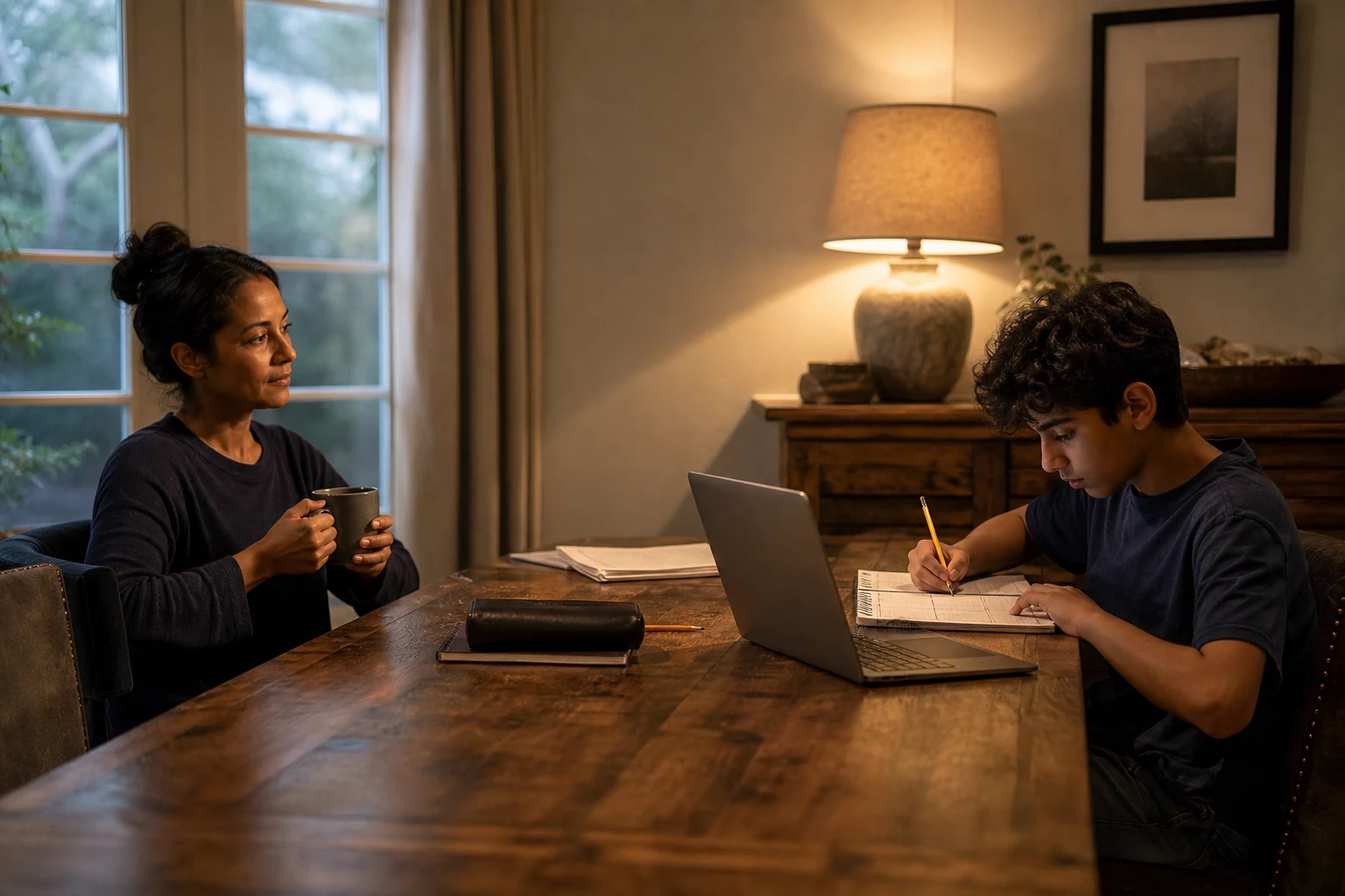 A teenage boy starts planning homework at a dining table while his mother sits nearby, offering calm support without taking over.