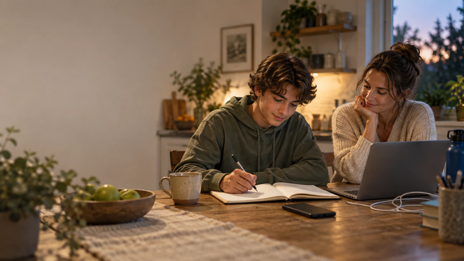 A teen chooses a first schoolwork step at a kitchen table while a parent stays nearby without taking over.