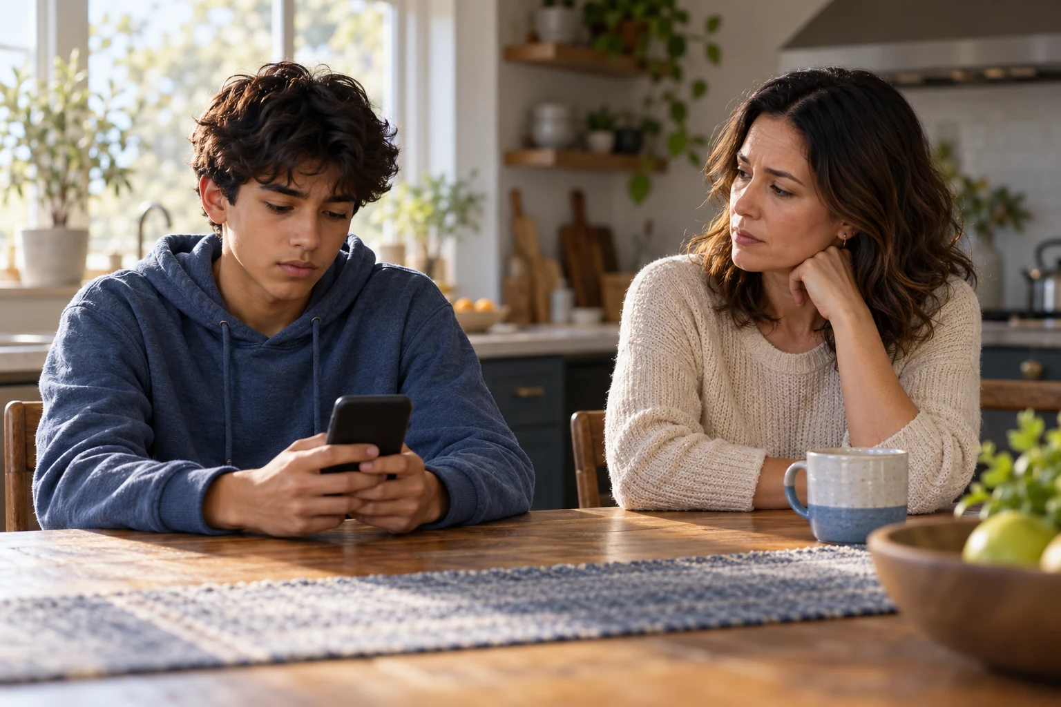 An adult woman watches with concern while a teenager studies a phone at the kitchen table.