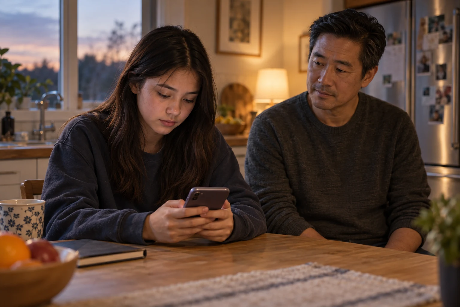 A teenager writes an apology on her own phone while her father sits nearby, attentive without taking over.