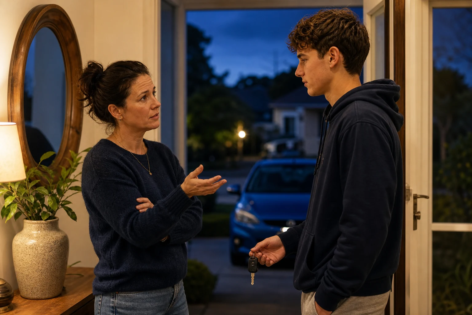 A concerned mother calmly discusses an evening driving plan with her teenage son as he holds car keys beside the family car at dusk.
