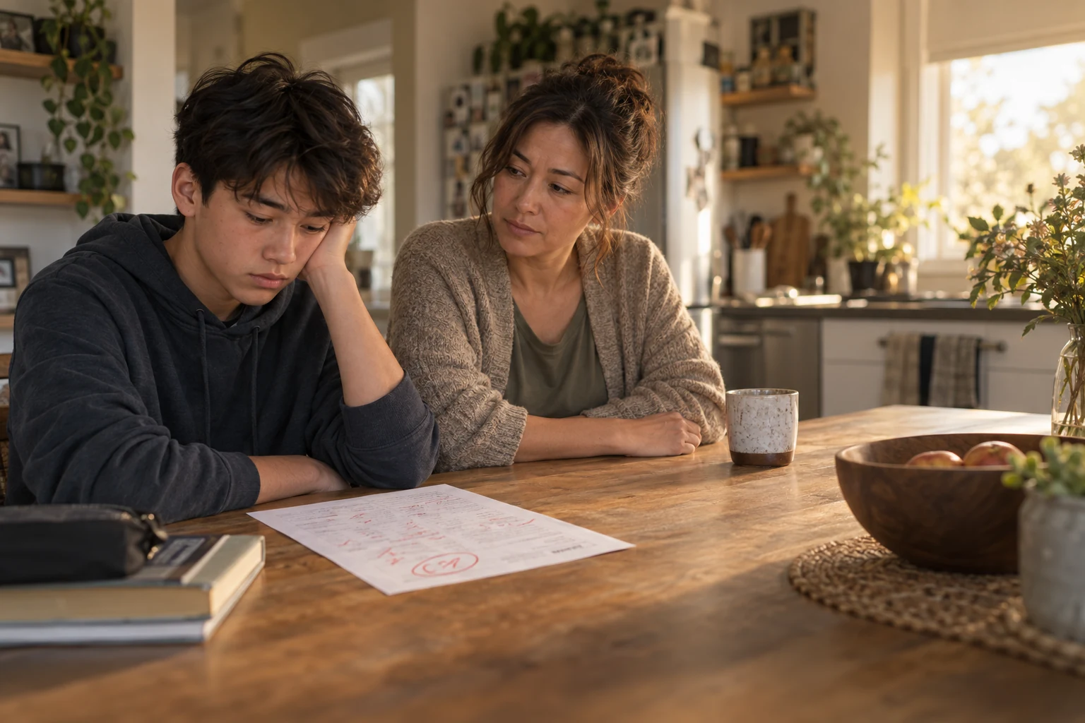 A disappointed teenager studies a marked test at the kitchen table while a calm parent sits nearby and gives him space.