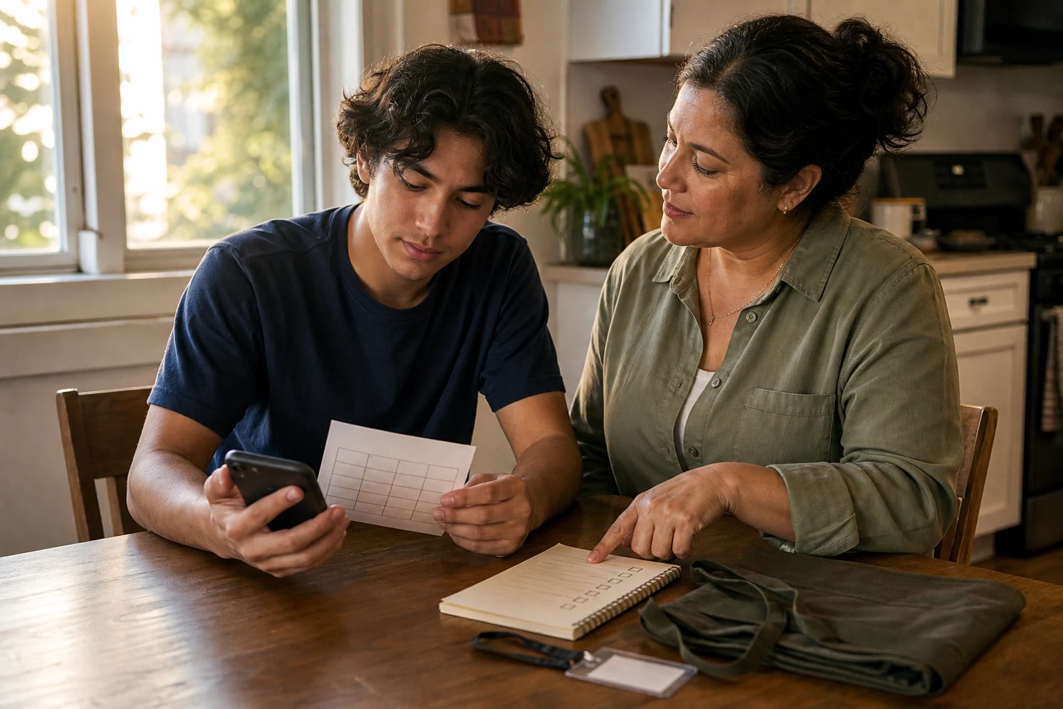 A teenager reviews a first-job schedule and phone at a kitchen table while a parent points gently to a checklist beside them.