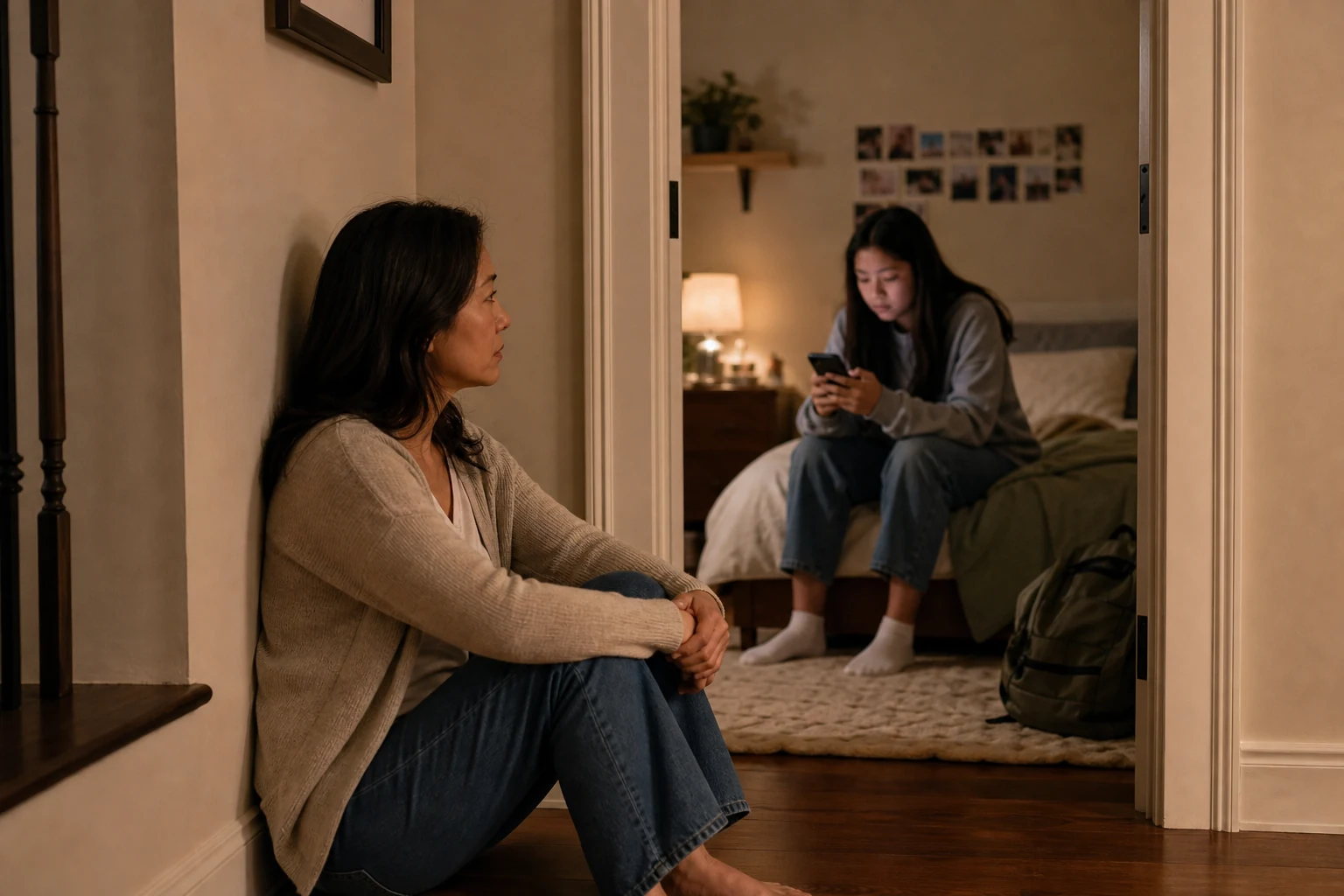 A concerned mother sits in the hallway while her tired teenage daughter looks at a phone from the edge of her bed late at night.