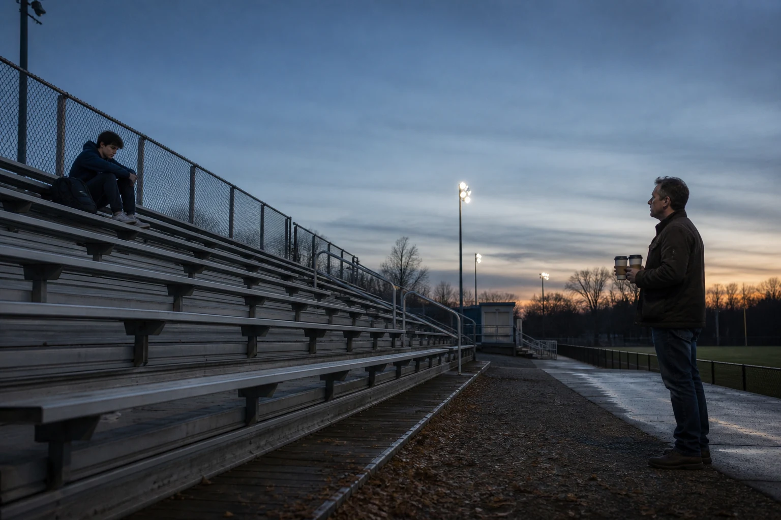 A father waits with two warm drinks at a respectful distance while his hurt teenage son sits alone on empty sports-field bleachers.