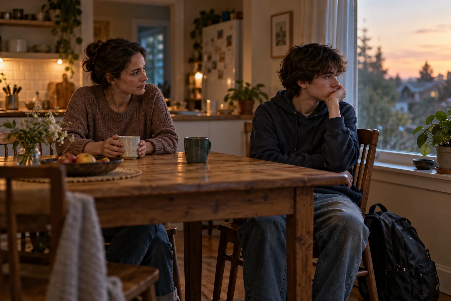 A concerned parent gives her quiet teenager space across the kitchen table after school.
