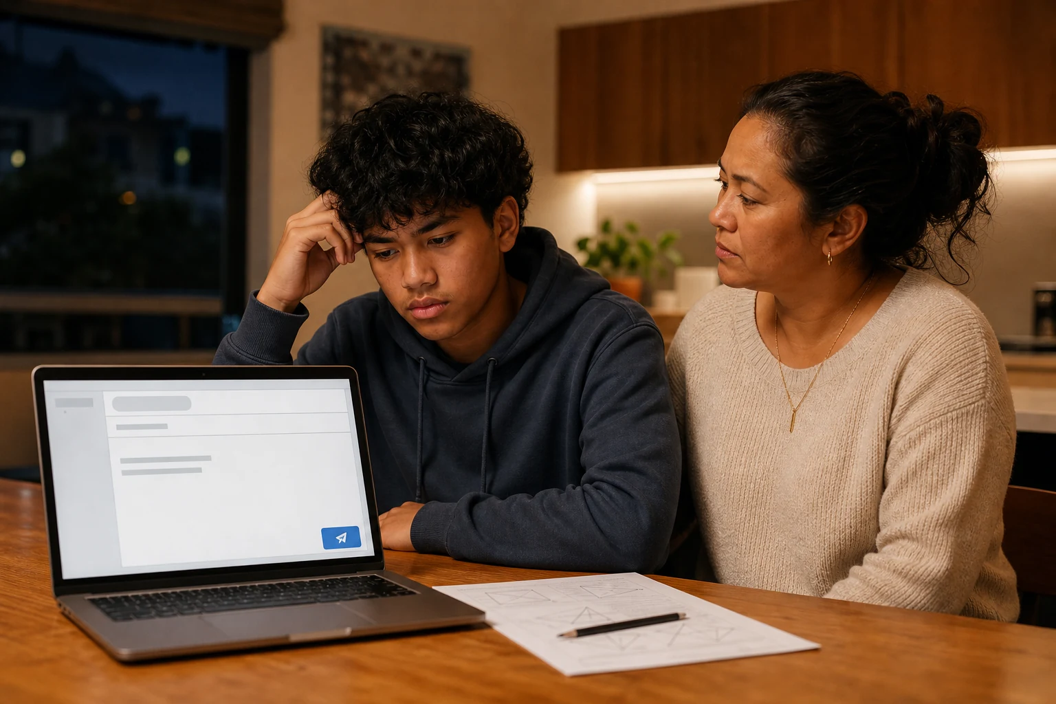A teenager pauses over an unfinished assignment while a parent sits nearby, offering support without taking over.