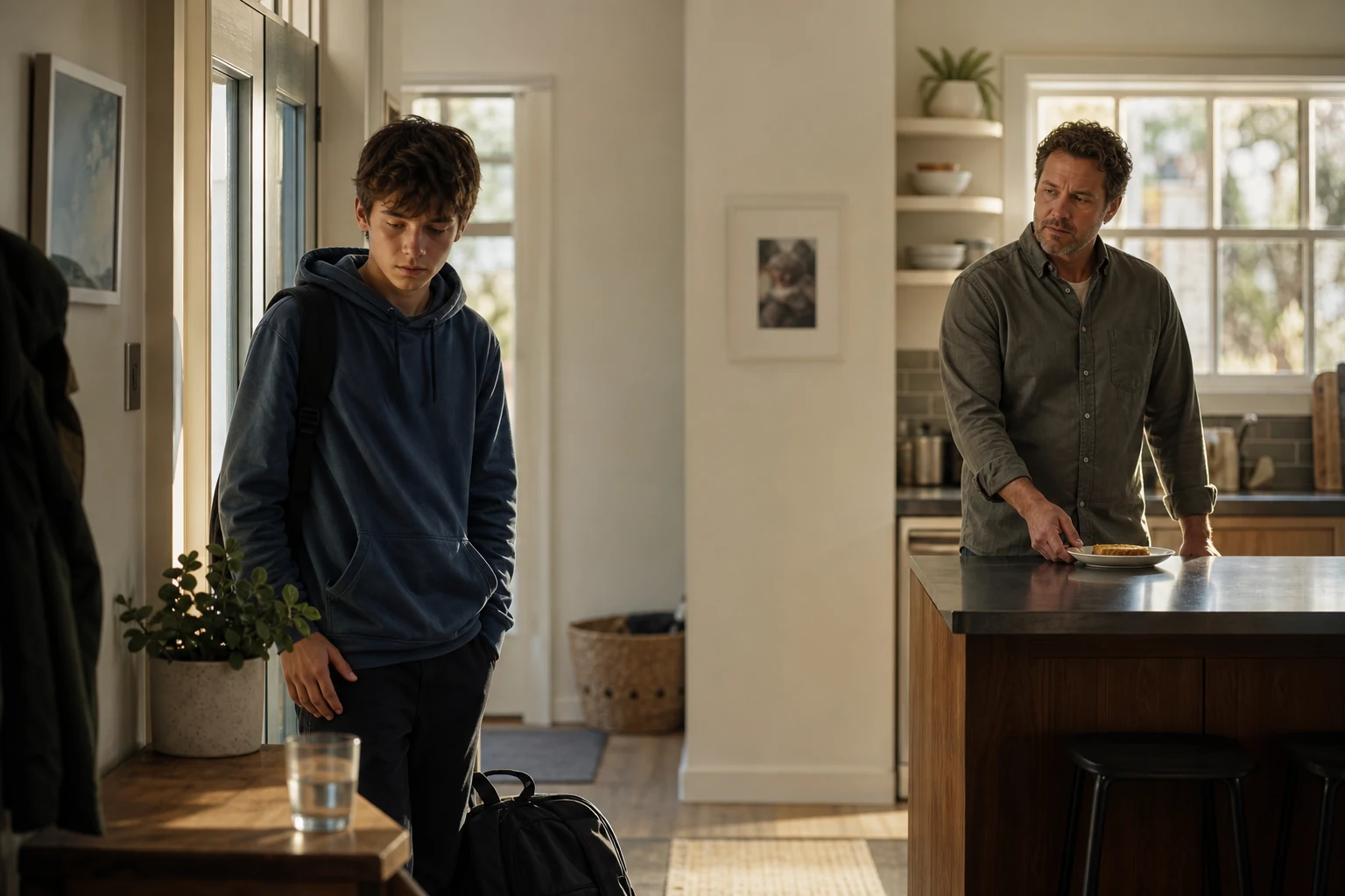 A tired teenage boy arrives home from school while his father calmly leaves a snack on the kitchen bench several steps away.