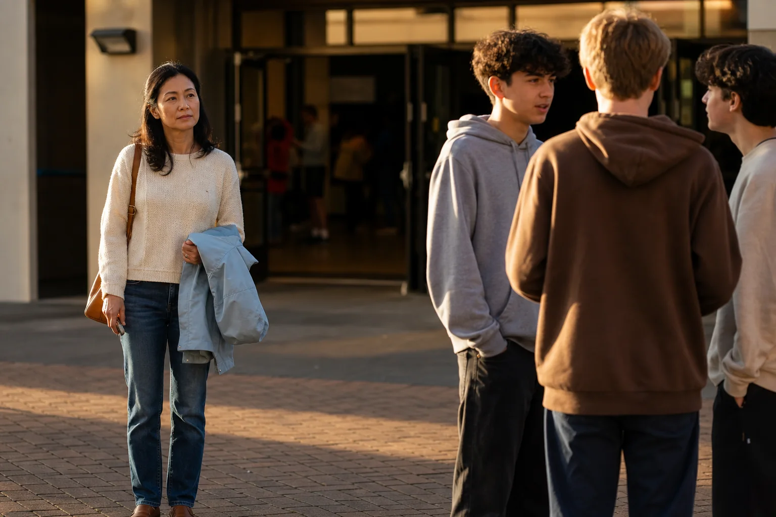 A mother and father wait nearby while their teenage daughter talks with two friends outside a school event.